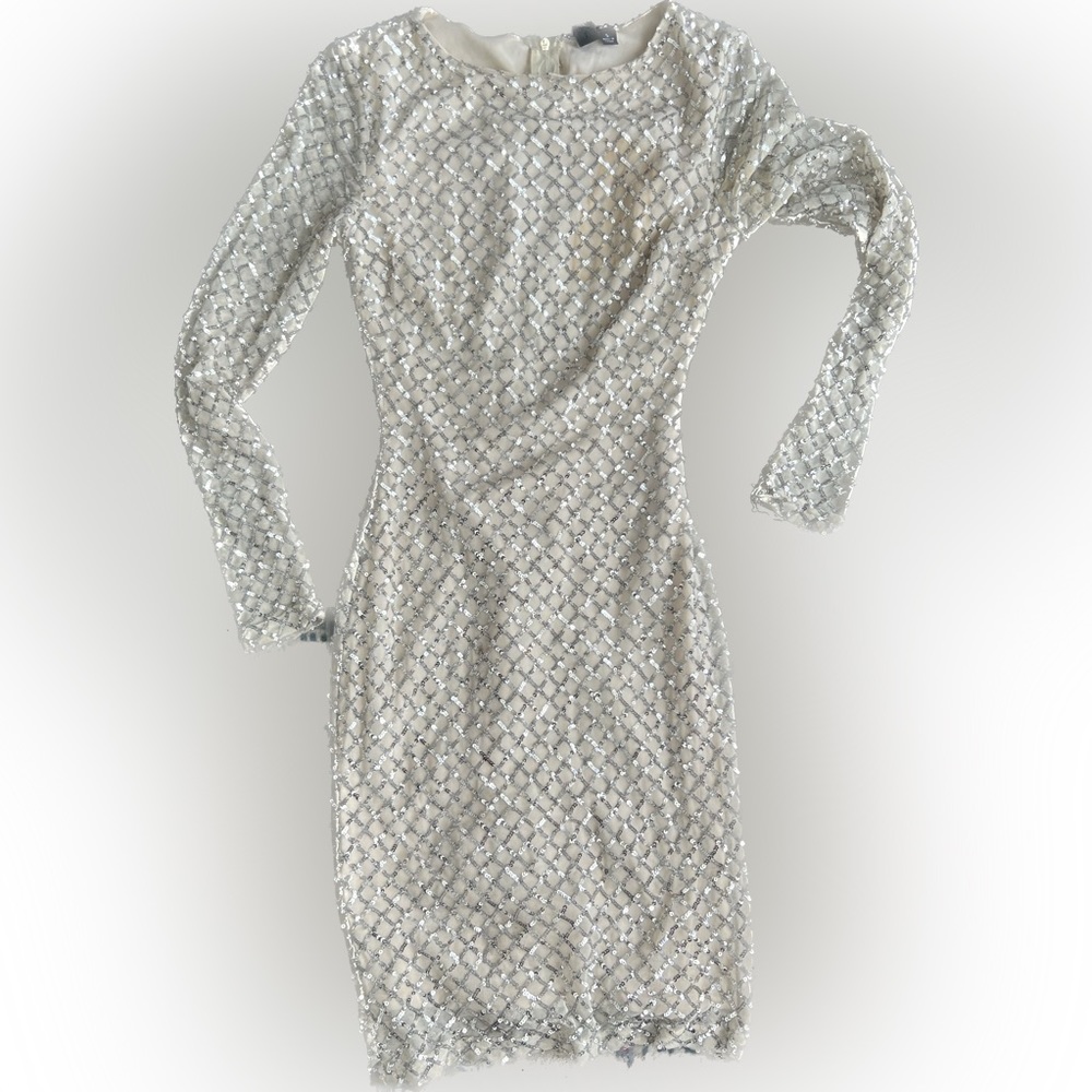 Cream Sequined Long Sleeve Dress